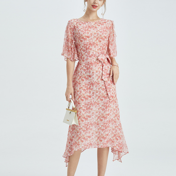 Floral patterned mulberry silk and pure silk dress with a tie belt