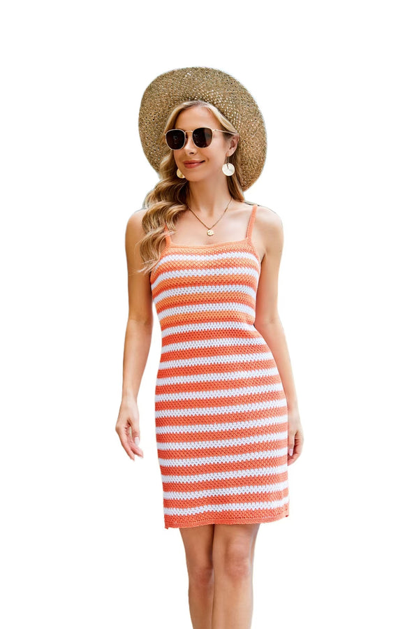 Sexy striped color-blocking knitted halter beach dress