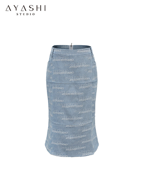 Alphabet Jacquard Light Blue Denim Mermaid Skirt