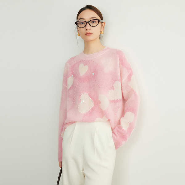 Lightweight Seacell Wool Knitted Sweater with Digital Printed Heart Patterns